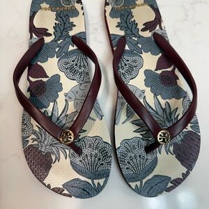 Tory Burch Burgundy and Cream Floral Sandals